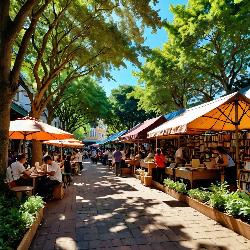 A cozy, vibrant marketplace filled with people exchanging books amidst lush greenery. Stalls made of recycled materials display colorful literature, with sun-dappled paths leading to a charming reading nook. A sense of community and joy radiates as children and adults engage in lively discussions about their favorite reads. Warm sunlight filters through the trees, casting delightful shadows on the ground. eco-friendly and vibrant colors. 3D style.
