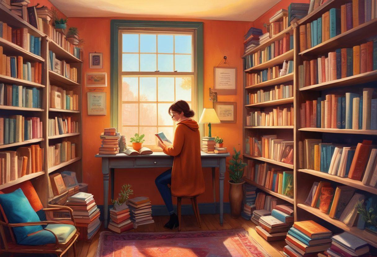 A whimsical illustration of a person joyfully browsing through a cozy, warmly lit secondhand bookstore filled with colorful shelves of books. The character should have a big smile, surrounded by whimsical book-themed decorations and local artworks, with sunlight streaming through a window casting a warm glow. Scattered around are quirky bookmarks and cups of tea, symbolizing the comfort of reselling books. The atmosphere should evoke warmth, nostalgia, and joy. vibrant colors. cozy style.