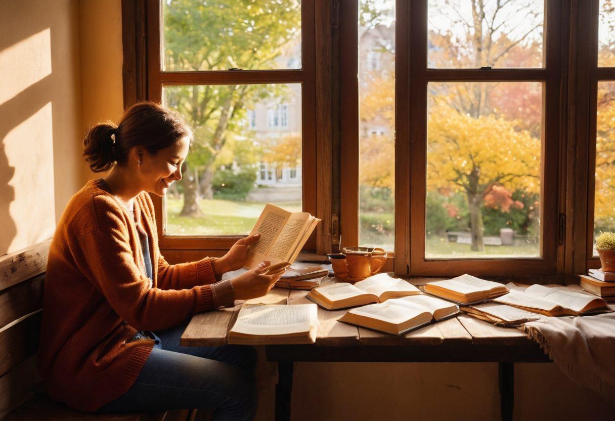 A cozy reading nook featuring a well-worn bookshelf filled with pre-owned books. In the foreground, a smiling person is exchanging a book with a friend, both radiating joy and satisfaction. Soft sunlight streams through a nearby window, illuminating the pages of an open book on a rustic table. The background showcases a serene park scene with people reading on benches, symbolizing community and shared experiences. warm colors. soft focus. cozy atmosphere.